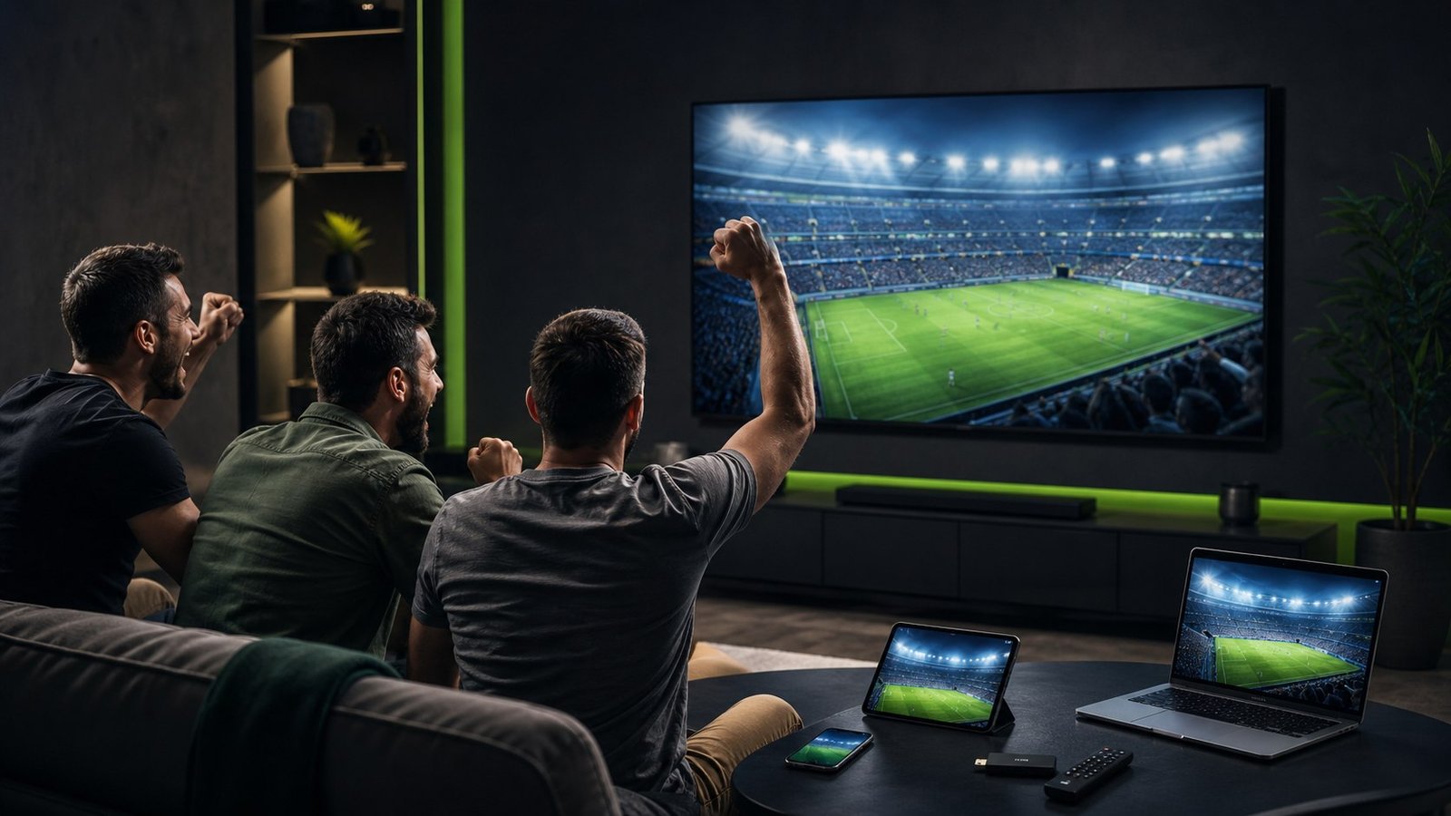 Shikues duke ndjekur futboll me IPTV Shqip në televizor, tablet, telefon dhe laptop